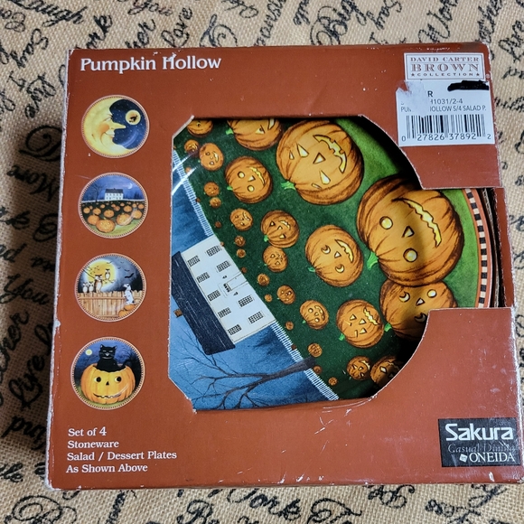 🛒🛍️💥Vintage oneida pumpkin hallow set of 4 dessert /salad plates w/box - Picture 3 of 12